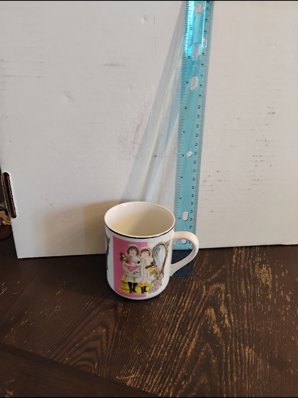 Vintage Style Pink Panel Ceramic Mug with Doll Illustration